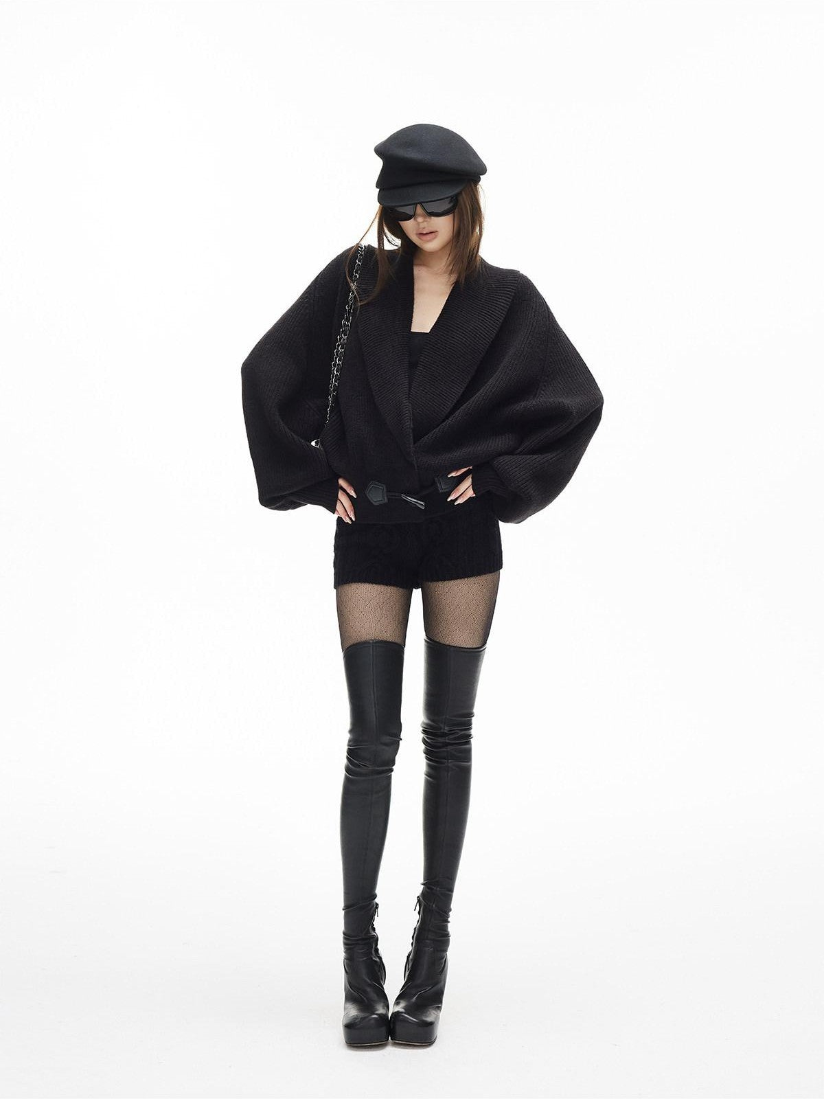 iamxiaa Black And White Vertical Rib Lantern Sleeves Toggle Women's Knit Cardigans