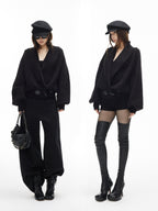 iamxiaa Black And White Vertical Rib Lantern Sleeves Toggle Women's Knit Cardigans