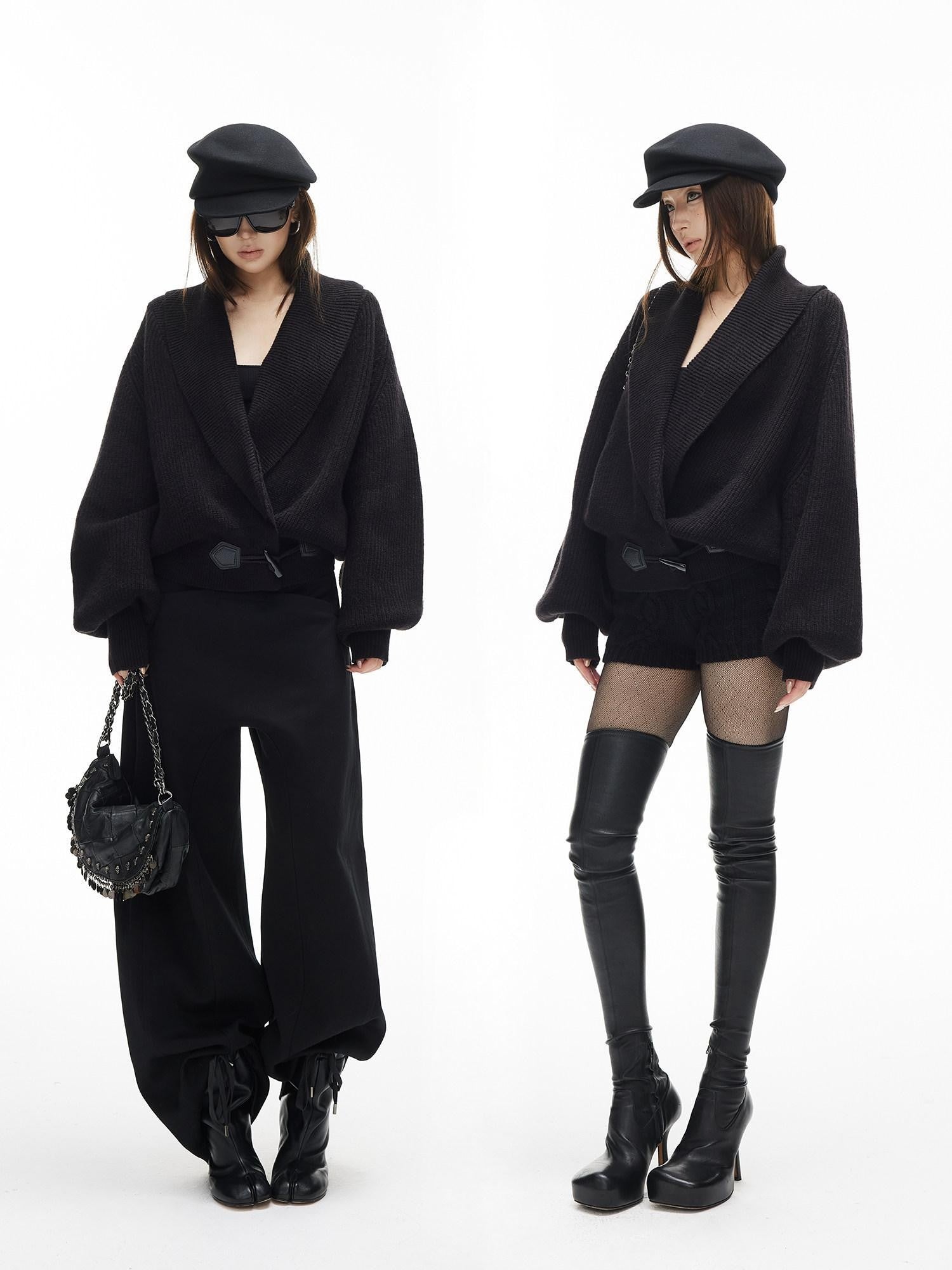 iamxiaa Black And White Vertical Rib Lantern Sleeves Toggle Women's Knit Cardigans