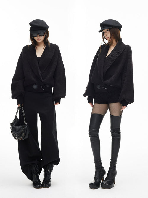 iamxiaa Black And White Vertical Rib Lantern Sleeves Toggle Women's Knit Cardigans