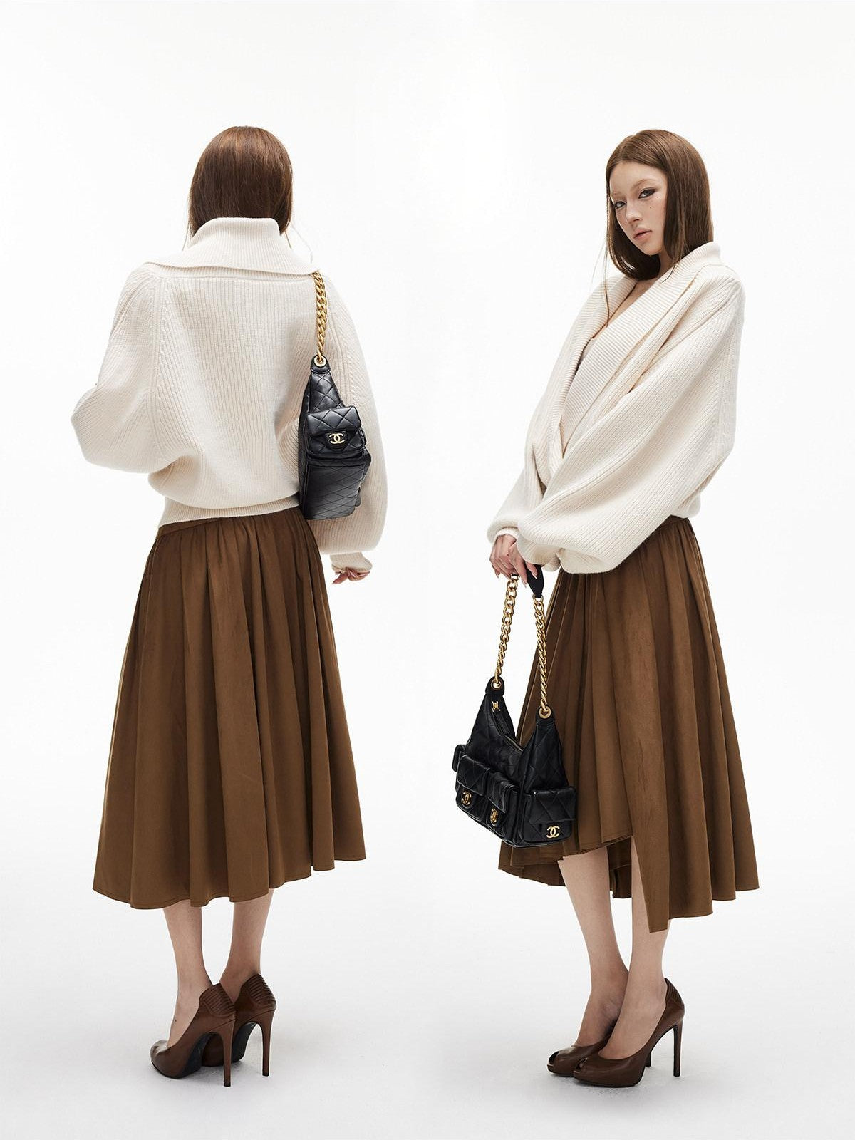 iamxiaa Black And White Vertical Rib Lantern Sleeves Toggle Women's Knit Cardigans