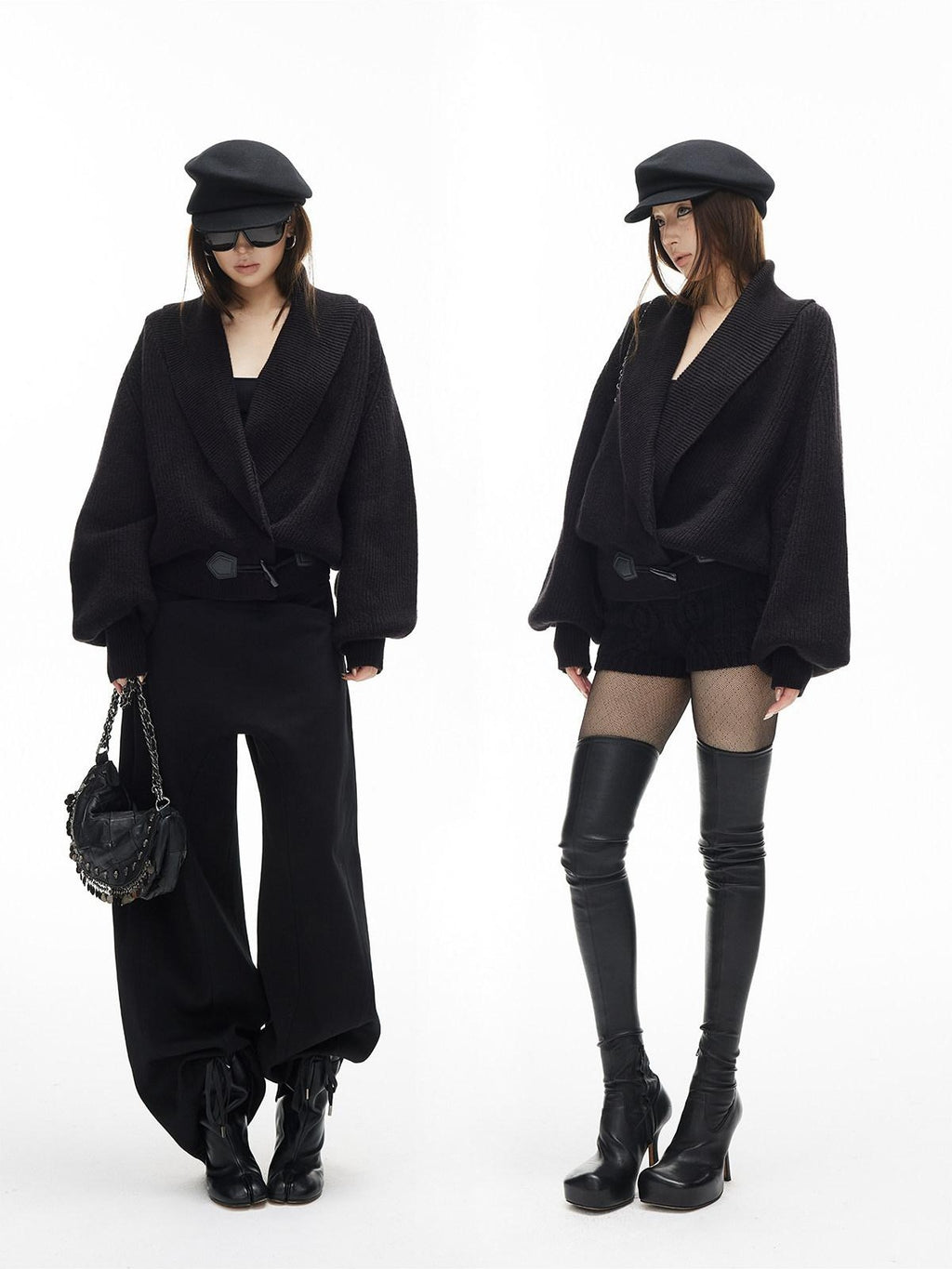iamxiaa Black And White Vertical Rib Lantern Sleeves Toggle Women's Knit Cardigans