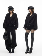 iamxiaa Black And White Vertical Rib Lantern Sleeves Toggle Women's Knit Cardigans