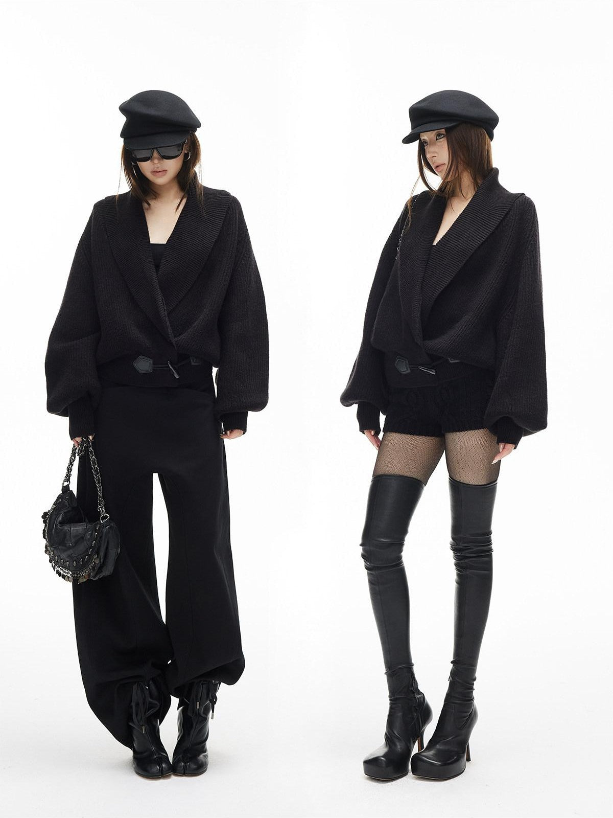 iamxiaa Black And White Vertical Rib Lantern Sleeves Toggle Women's Knit Cardigans