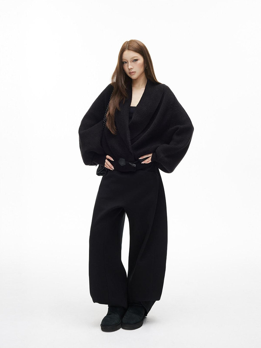 iamxiaa Black And White Vertical Rib Lantern Sleeves Toggle Women's Knit Cardigans