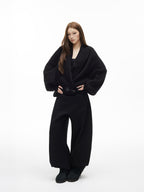 iamxiaa Black And White Vertical Rib Lantern Sleeves Toggle Women's Knit Cardigans