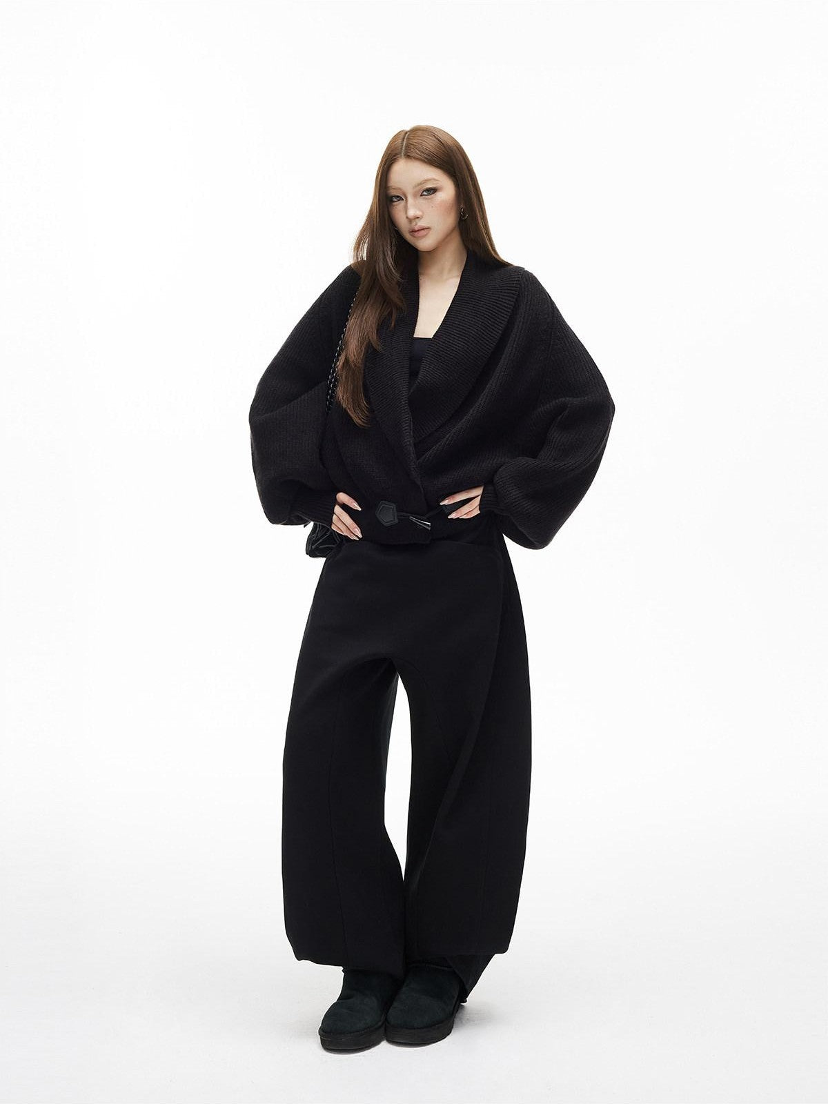iamxiaa Black And White Vertical Rib Lantern Sleeves Toggle Women's Knit Cardigans