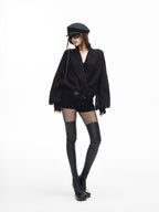 iamxiaa Black And White Vertical Rib Lantern Sleeves Toggle Women's Knit Cardigans