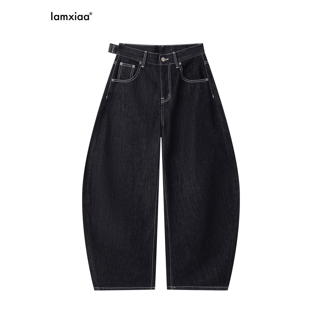 iamxiaa Black Denim Contrast Stitch Slimming Women's Combed Cotton Wide-leg Jeans 989332876641