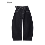 iamxiaa Black Denim Contrast Stitch Slimming Women's Combed Cotton Wide-leg Jeans 989332876641