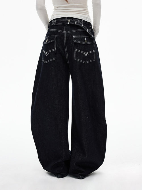 iamxiaa Black Denim Contrast Stitch Slimming Women's Combed Cotton Wide-leg Jeans