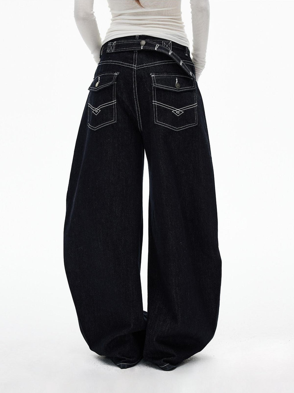 iamxiaa Black Denim Contrast Stitch Slimming Women's Combed Cotton Wide-leg Jeans