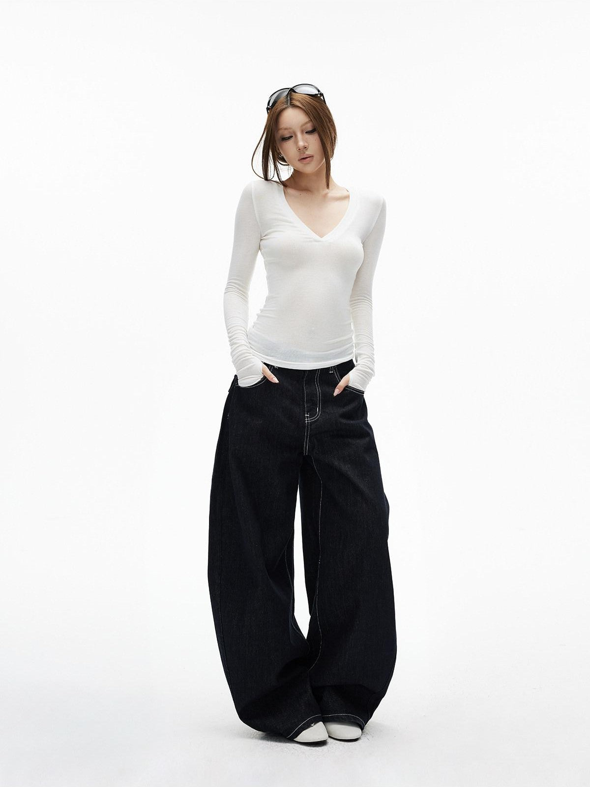 iamxiaa Black Denim Contrast Stitch Slimming Women's Combed Cotton Wide-leg Jeans