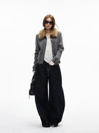 iamxiaa Black Denim Contrast Stitch Slimming Women's Combed Cotton Wide-leg Jeans