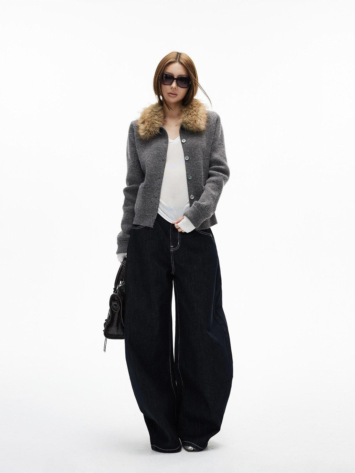 iamxiaa Black Denim Contrast Stitch Slimming Women's Combed Cotton Wide-leg Jeans