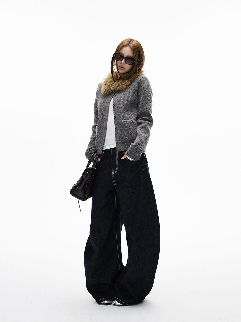 iamxiaa Black Denim Contrast Stitch Slimming Women's Combed Cotton Wide-leg Jeans