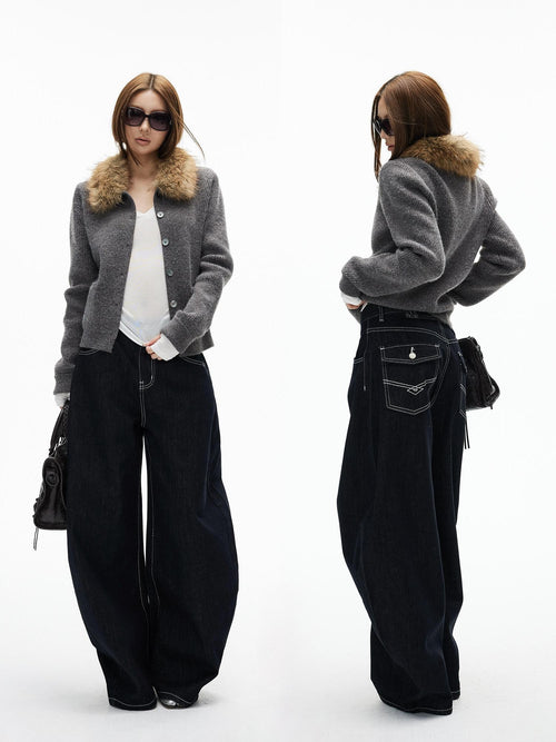 iamxiaa Black Denim Contrast Stitch Slimming Women's Combed Cotton Wide-leg Jeans