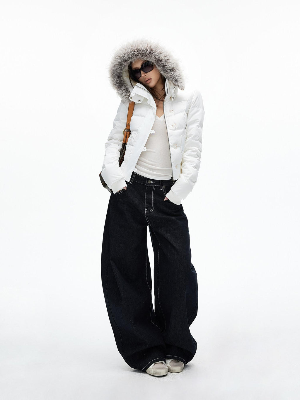 iamxiaa Black Denim Contrast Stitch Slimming Women's Combed Cotton Wide-leg Jeans
