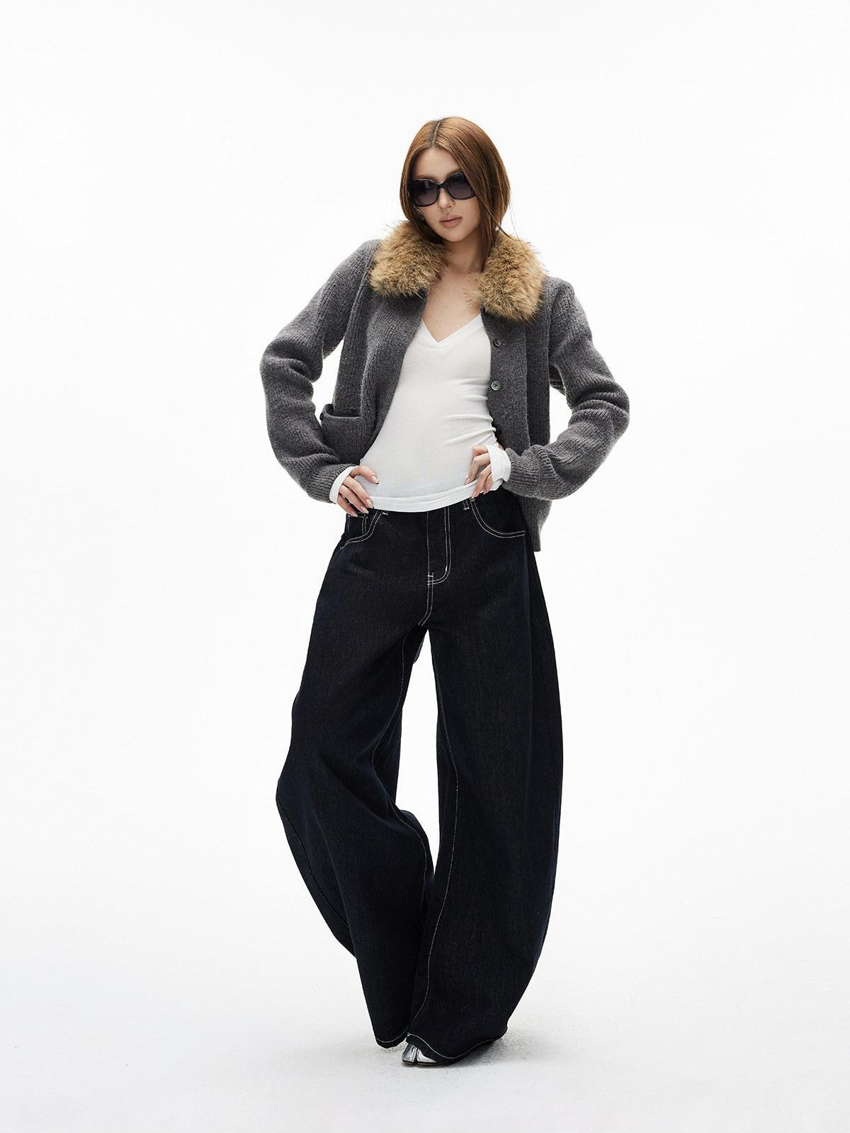 iamxiaa Black Denim Contrast Stitch Slimming Women's Combed Cotton Wide-leg Jeans