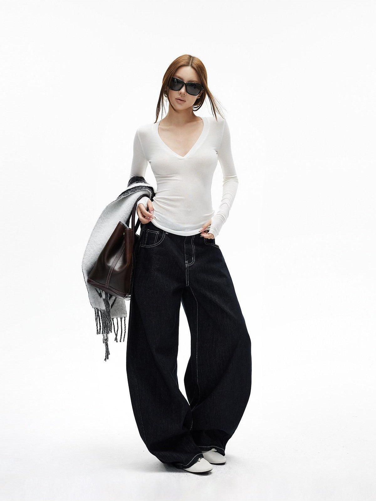 iamxiaa Black Denim Contrast Stitch Slimming Women's Combed Cotton Wide-leg Jeans