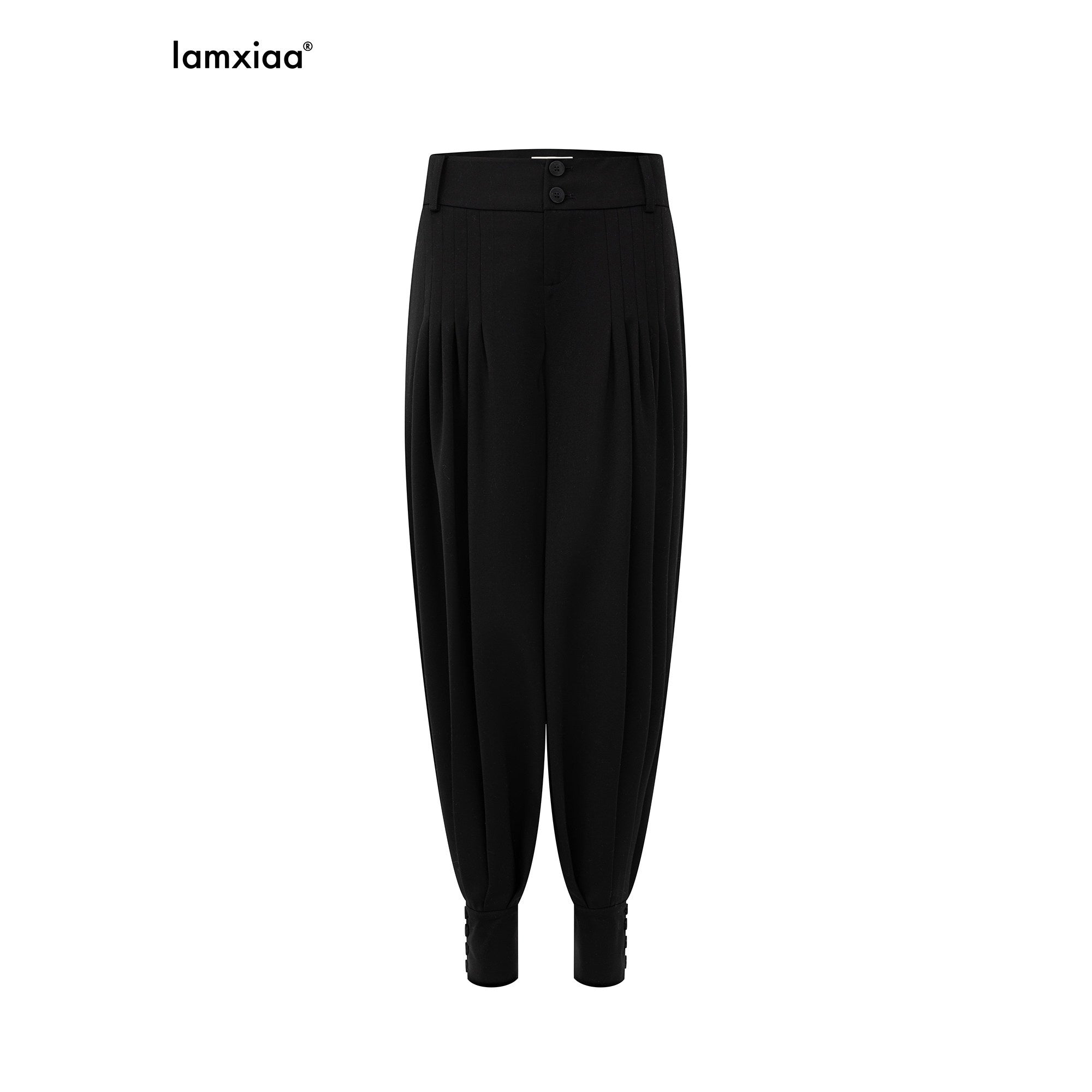 iamxiaa Black Double Button Wide Waist Pleated Cinched Cuff Women's Wide Leg Pants 1018967126271