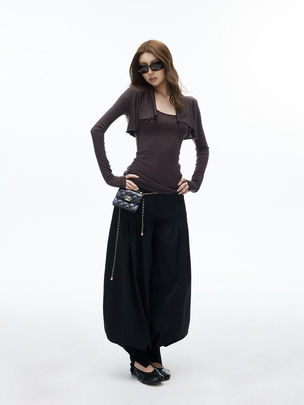 iamxiaa Black Double Button Wide Waist Pleated Cinched Cuff Women's Wide Leg Pants