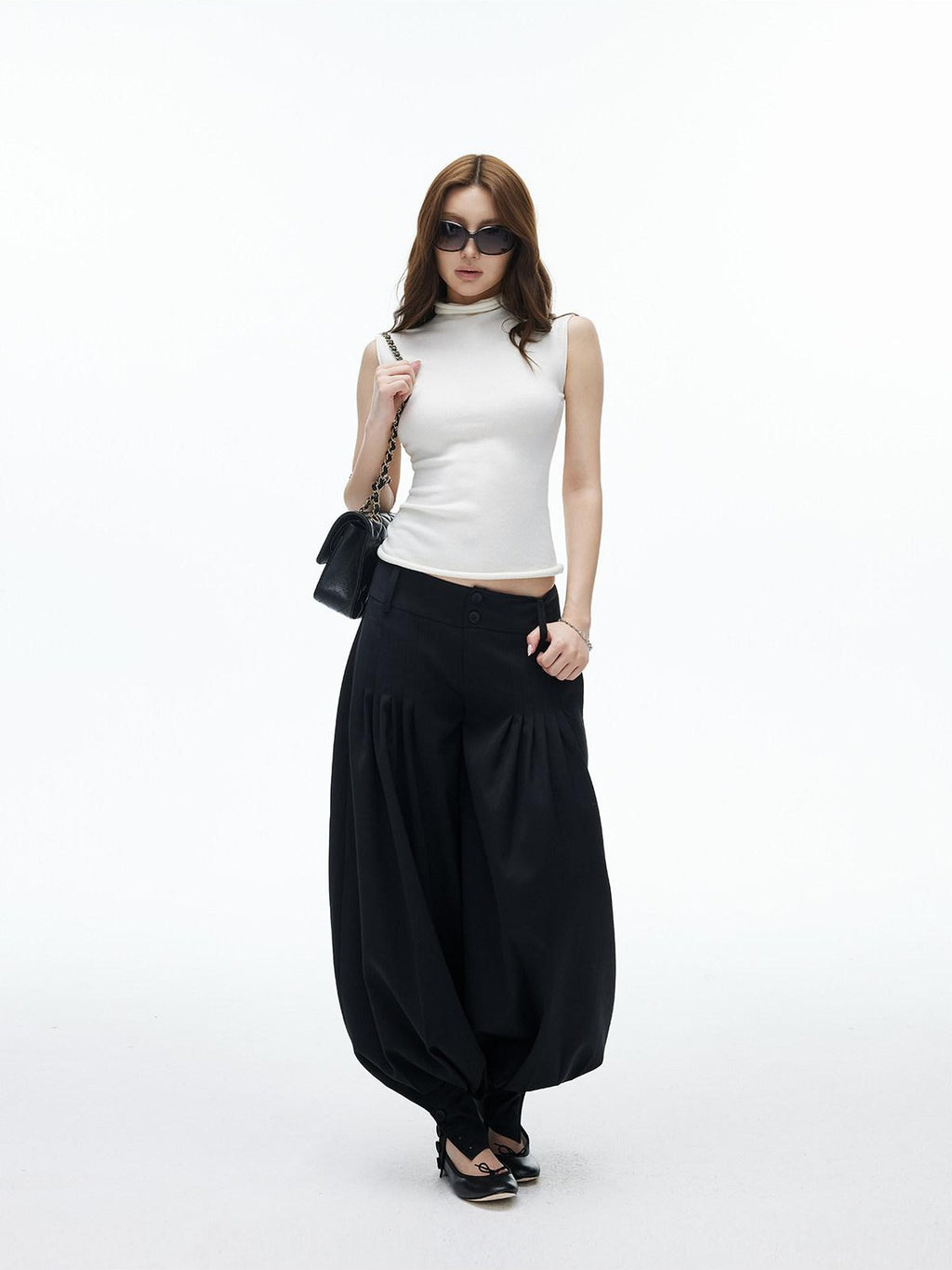 iamxiaa Black Double Button Wide Waist Pleated Cinched Cuff Women's Wide Leg Pants