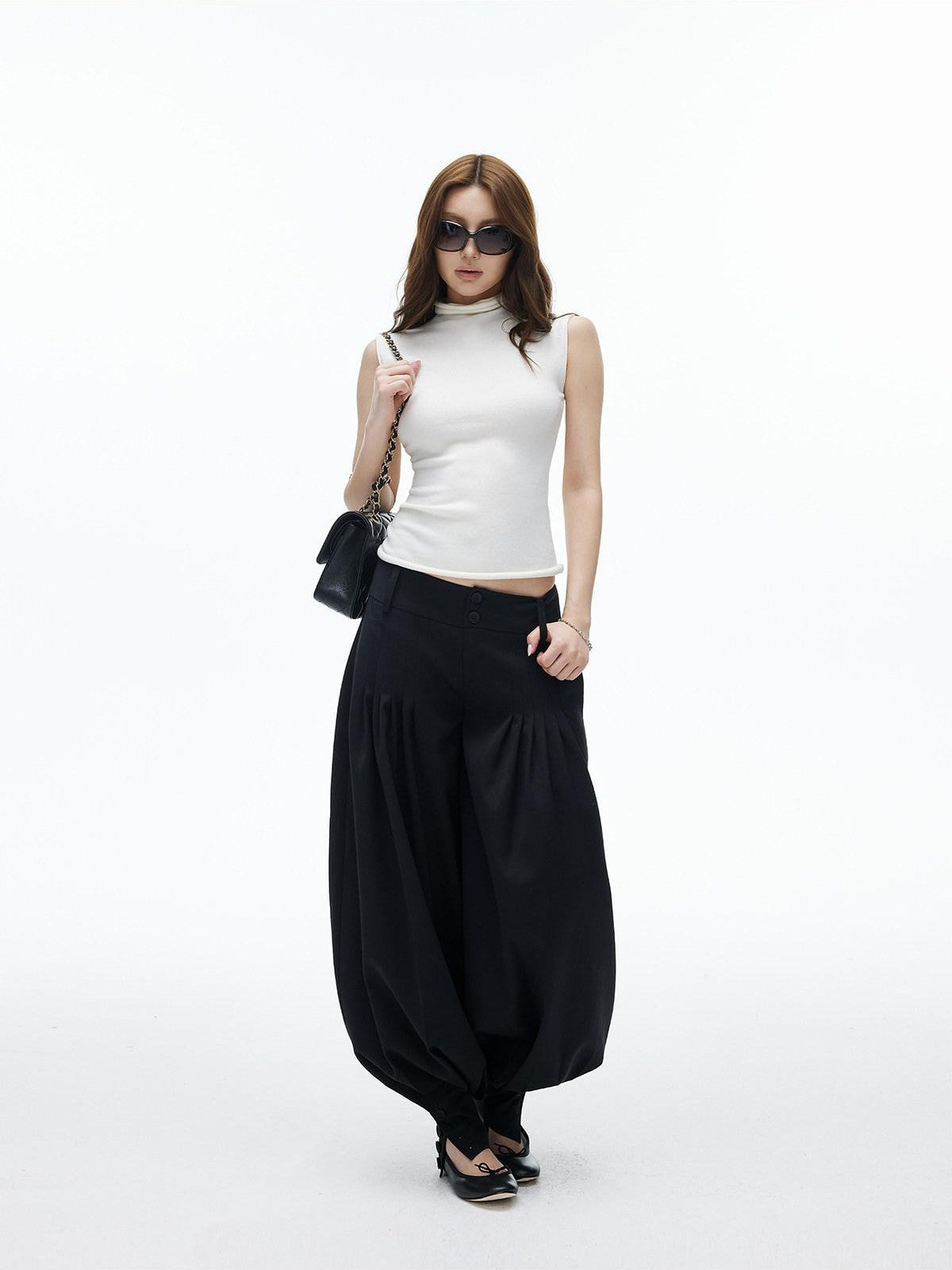 iamxiaa Black Double Button Wide Waist Pleated Cinched Cuff Women's Wide Leg Pants