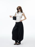 iamxiaa Black Double Button Wide Waist Pleated Cinched Cuff Women's Wide Leg Pants