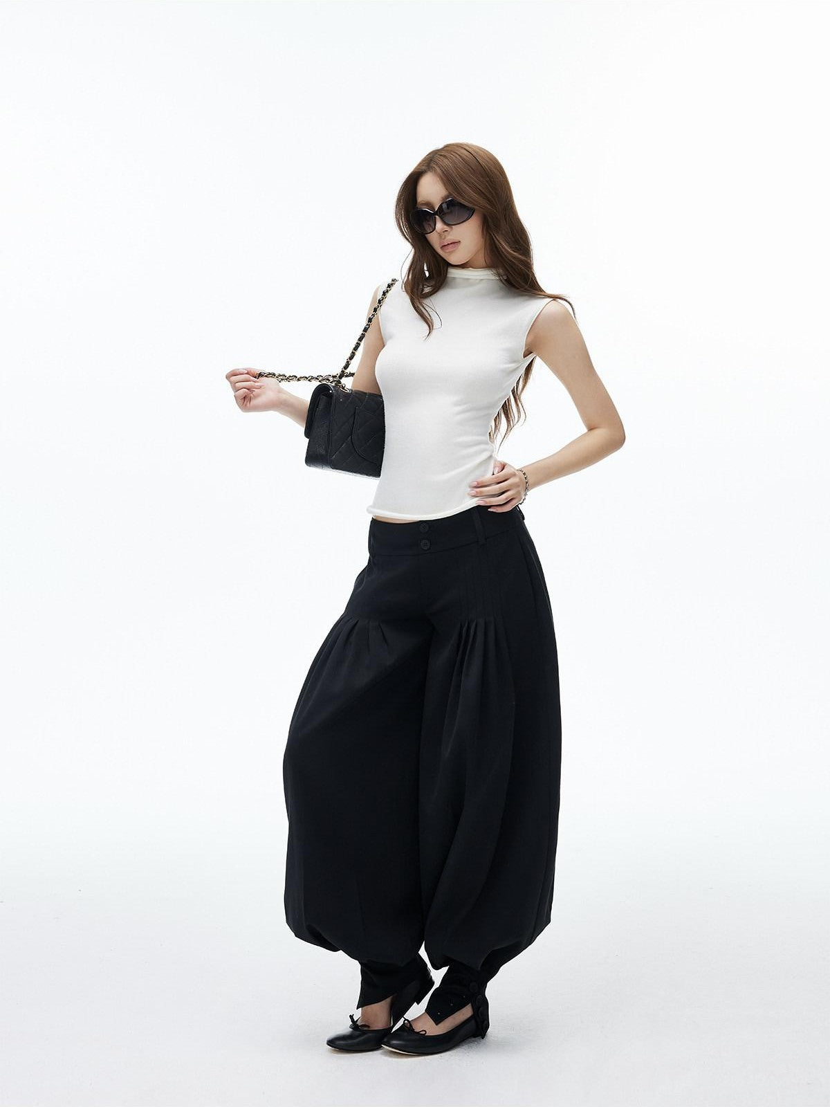 iamxiaa Black Double Button Wide Waist Pleated Cinched Cuff Women's Wide Leg Pants