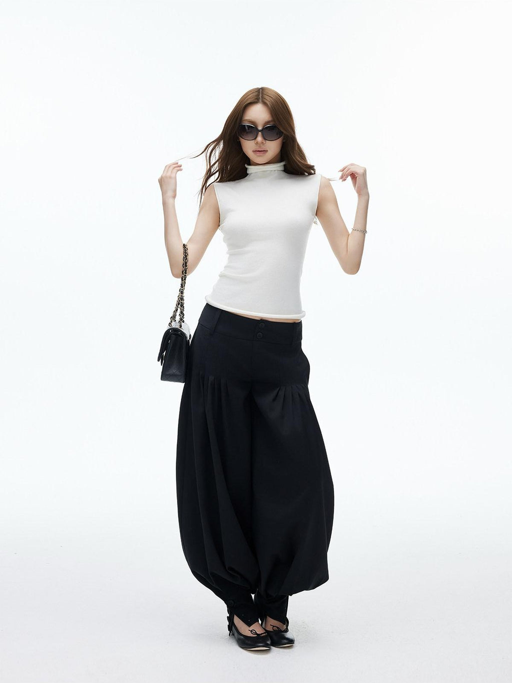 iamxiaa Black Double Button Wide Waist Pleated Cinched Cuff Women's Wide Leg Pants