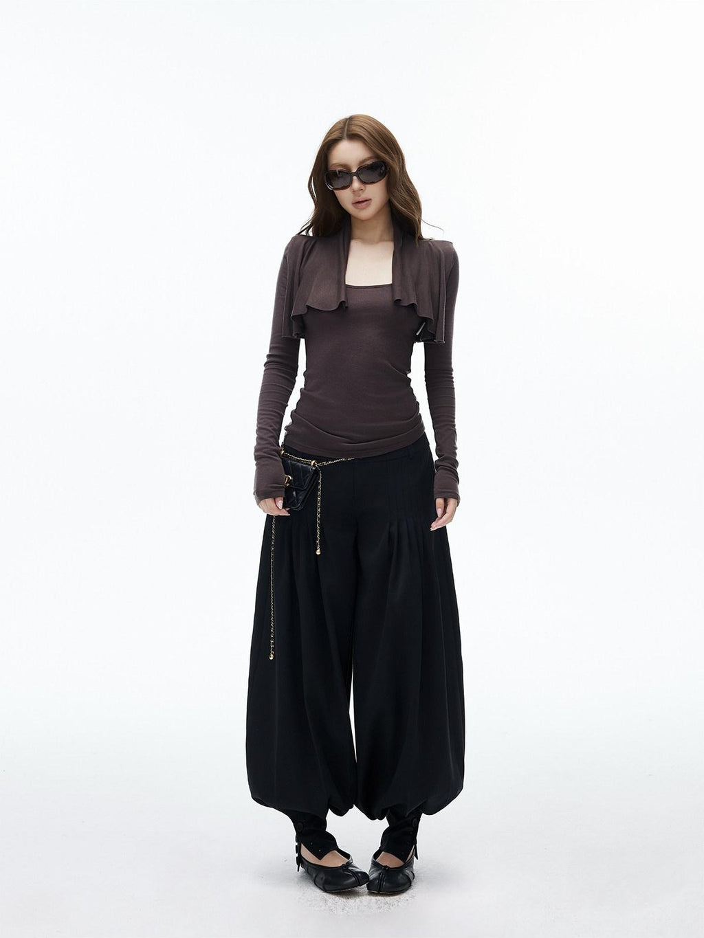 iamxiaa Black Double Button Wide Waist Pleated Cinched Cuff Women's Wide Leg Pants