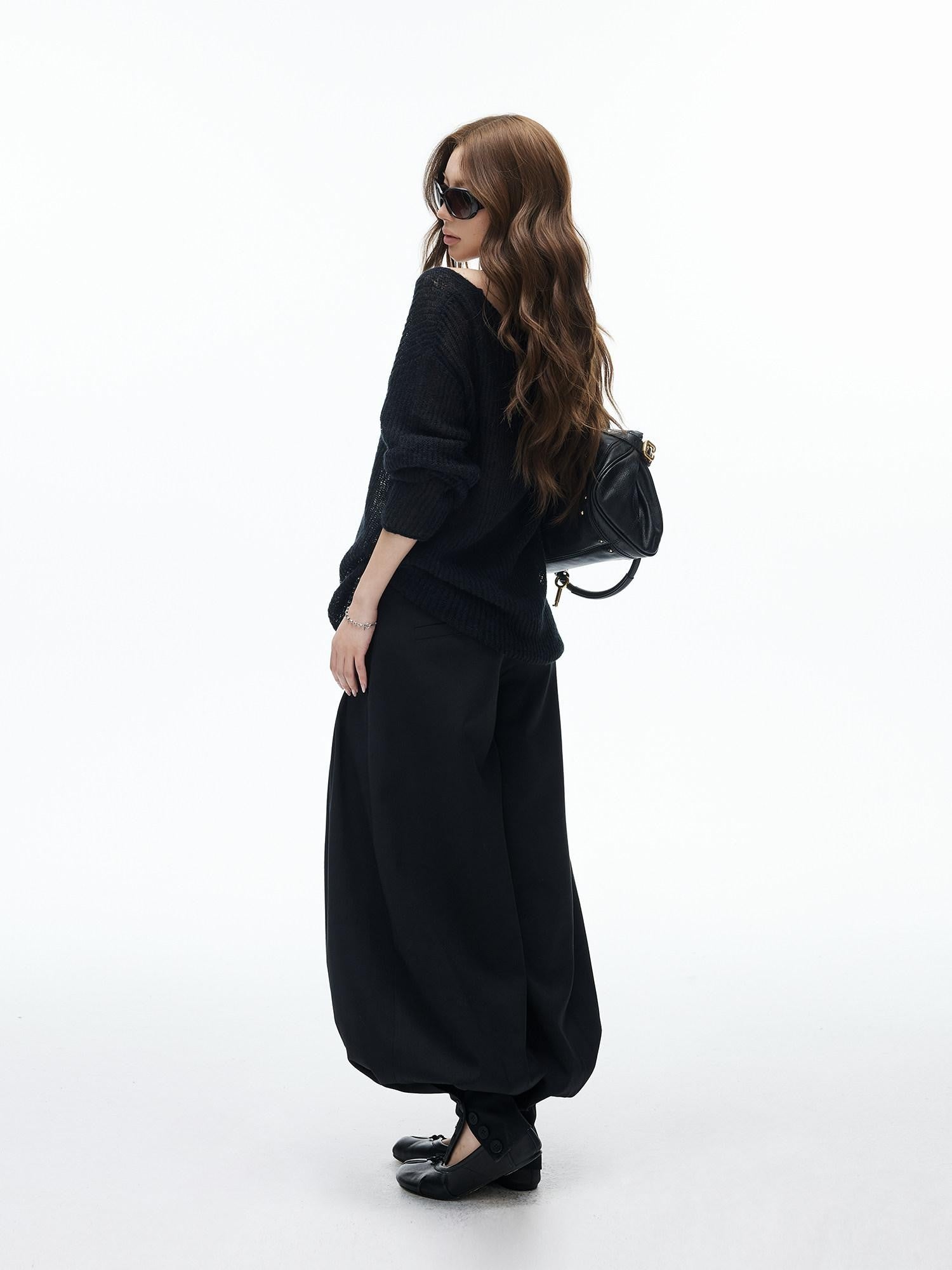 iamxiaa Black Double Button Wide Waist Pleated Cinched Cuff Women's Wide Leg Pants