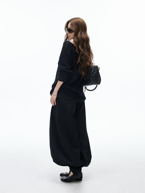 iamxiaa Black Double Button Wide Waist Pleated Cinched Cuff Women's Wide Leg Pants