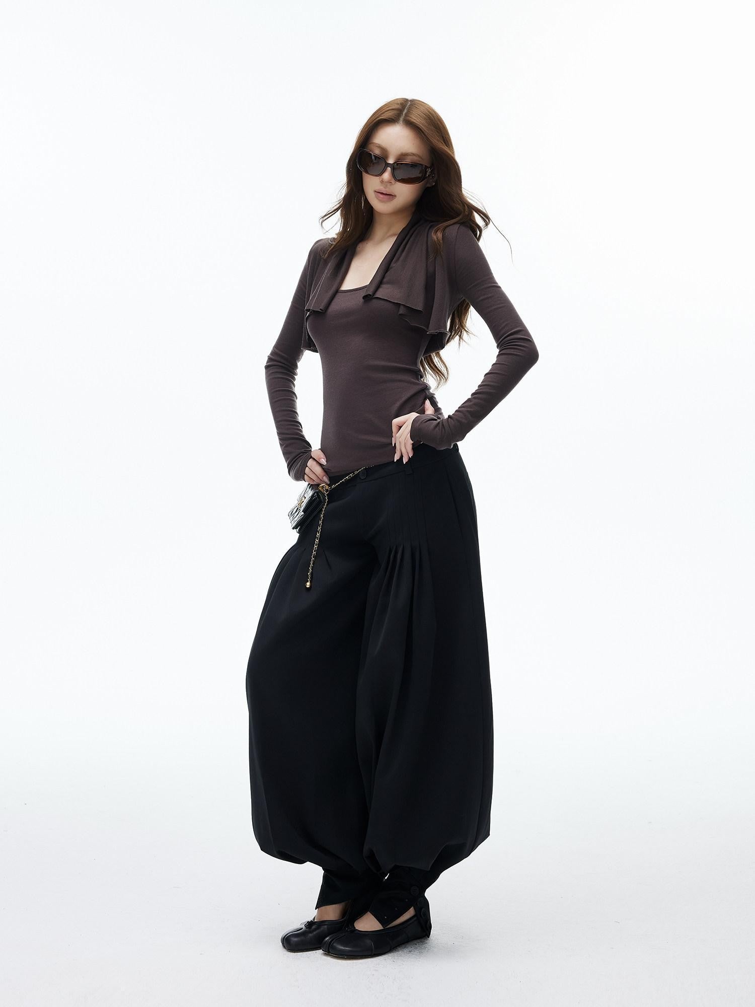 iamxiaa Black Double Button Wide Waist Pleated Cinched Cuff Women's Wide Leg Pants