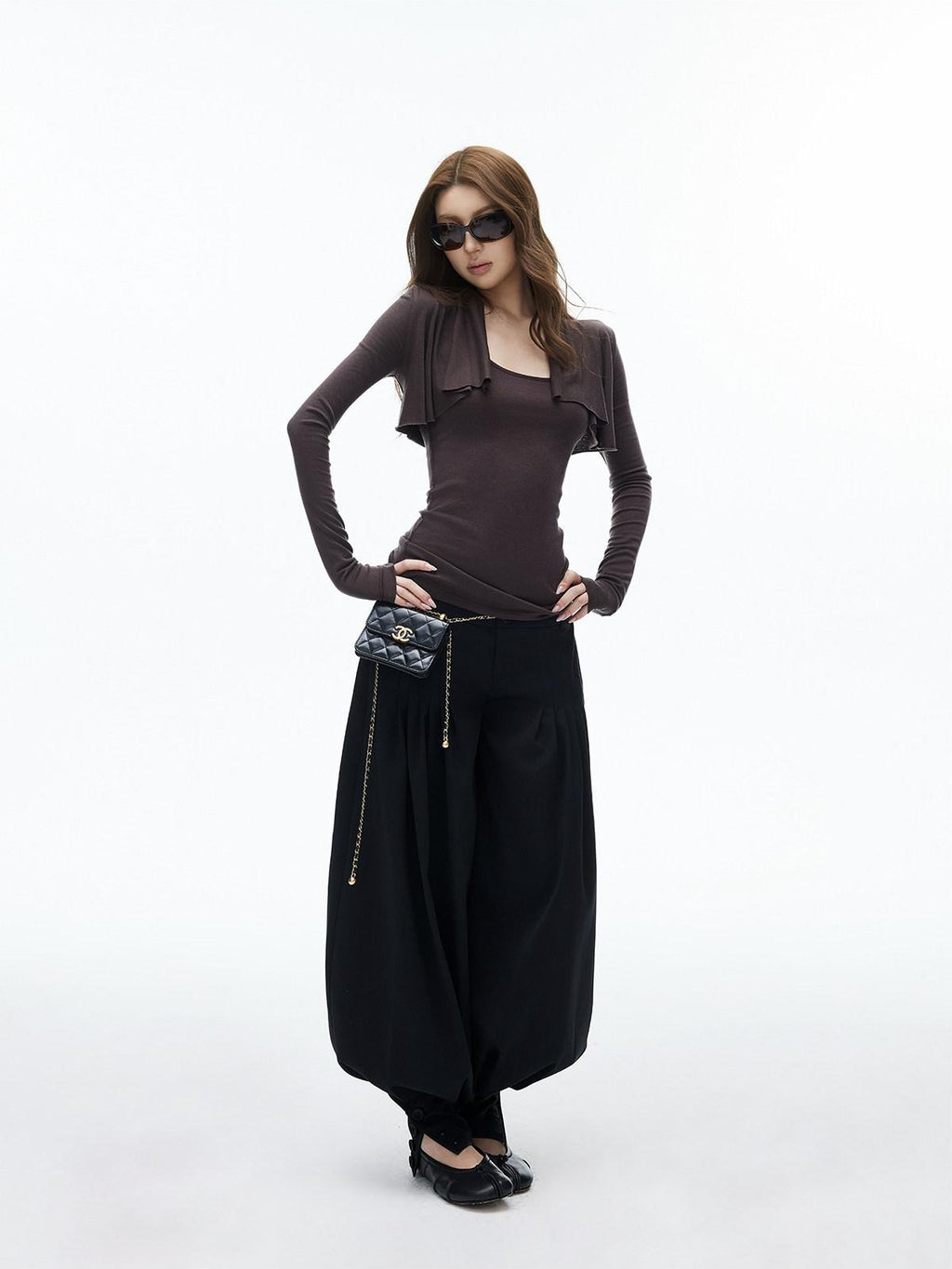 iamxiaa Black Double Button Wide Waist Pleated Cinched Cuff Women's Wide Leg Pants