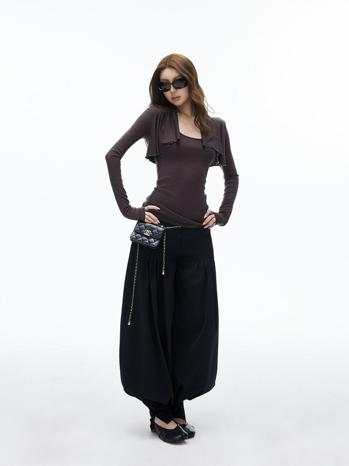iamxiaa Black Double Button Wide Waist Pleated Cinched Cuff Women's Wide Leg Pants