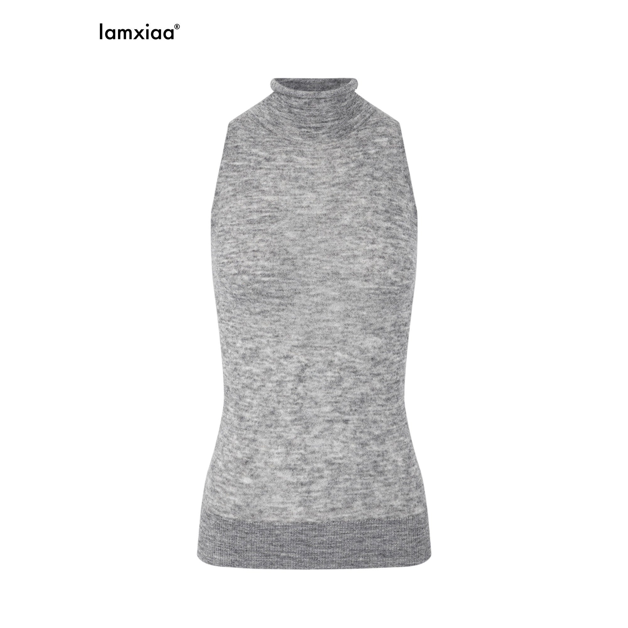 iamxiaa Black Gray Colorblock Deep V Women's Knit Stand Collar Vest Top & Skirt Sets 1007884522940