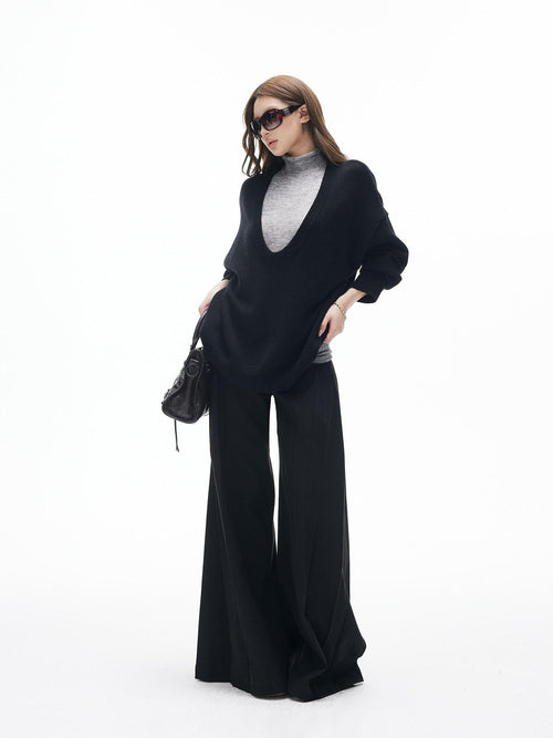 iamxiaa Black Gray Colorblock Deep V Women's Knit Stand Collar Vest Top & Skirt Sets