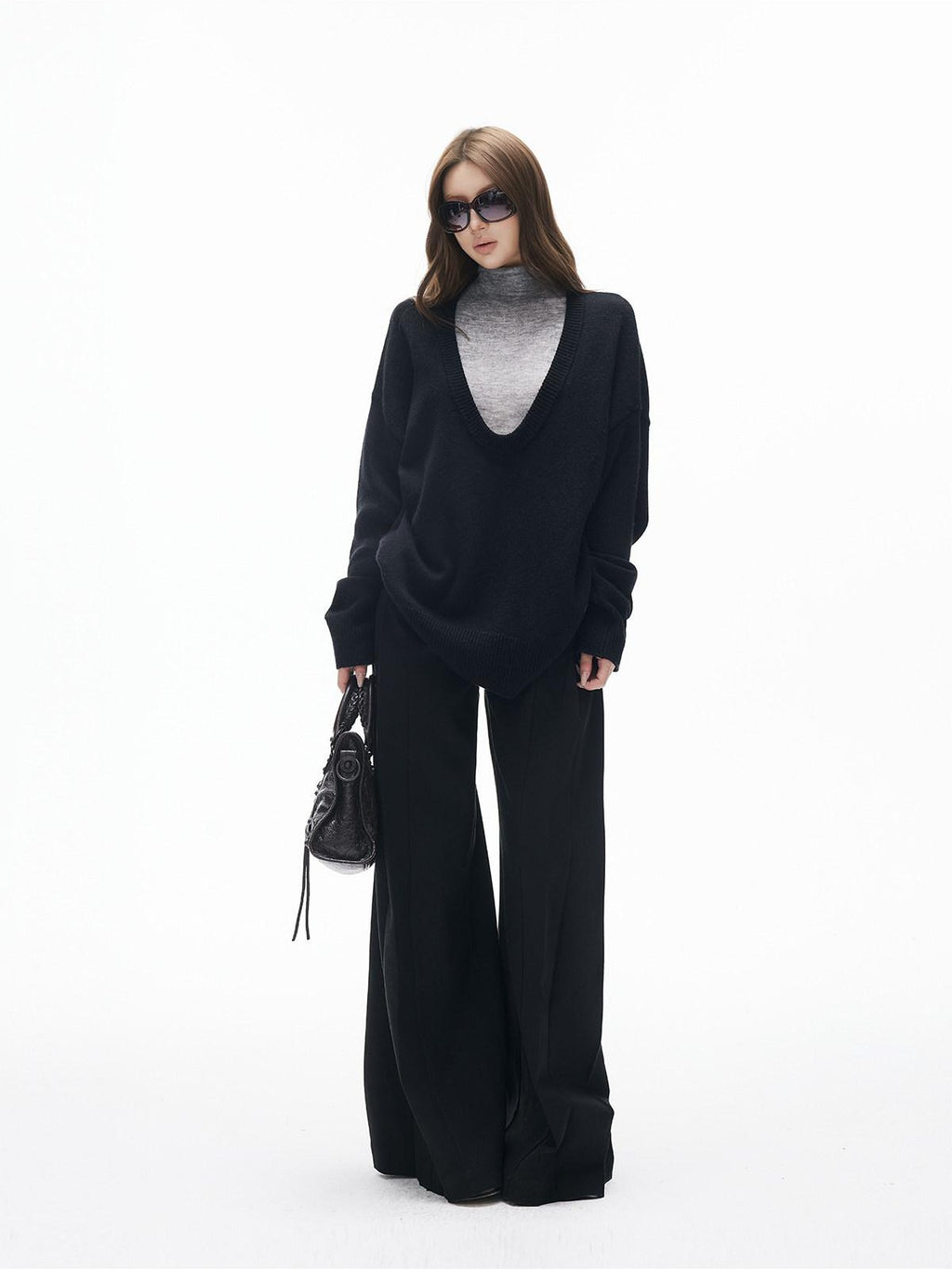 iamxiaa Black Gray Colorblock Deep V Women's Knit Stand Collar Vest Top & Skirt Sets