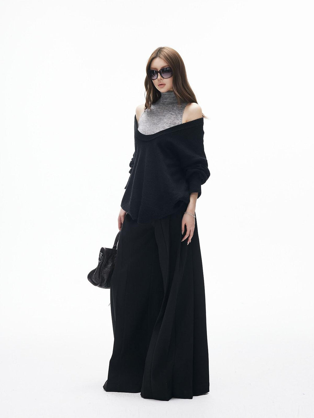iamxiaa Black Gray Colorblock Deep V Women's Knit Stand Collar Vest Top & Skirt Sets