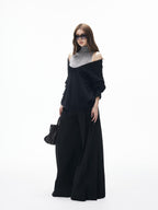 iamxiaa Black Gray Colorblock Deep V Women's Knit Stand Collar Vest Top & Skirt Sets