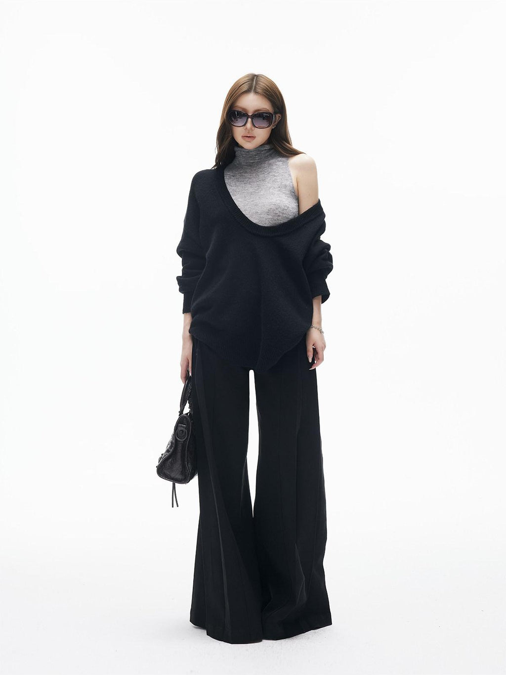 iamxiaa Black Gray Colorblock Deep V Women's Knit Stand Collar Vest Top & Skirt Sets