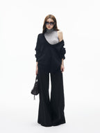 iamxiaa Black Gray Colorblock Deep V Women's Knit Stand Collar Vest Top & Skirt Sets