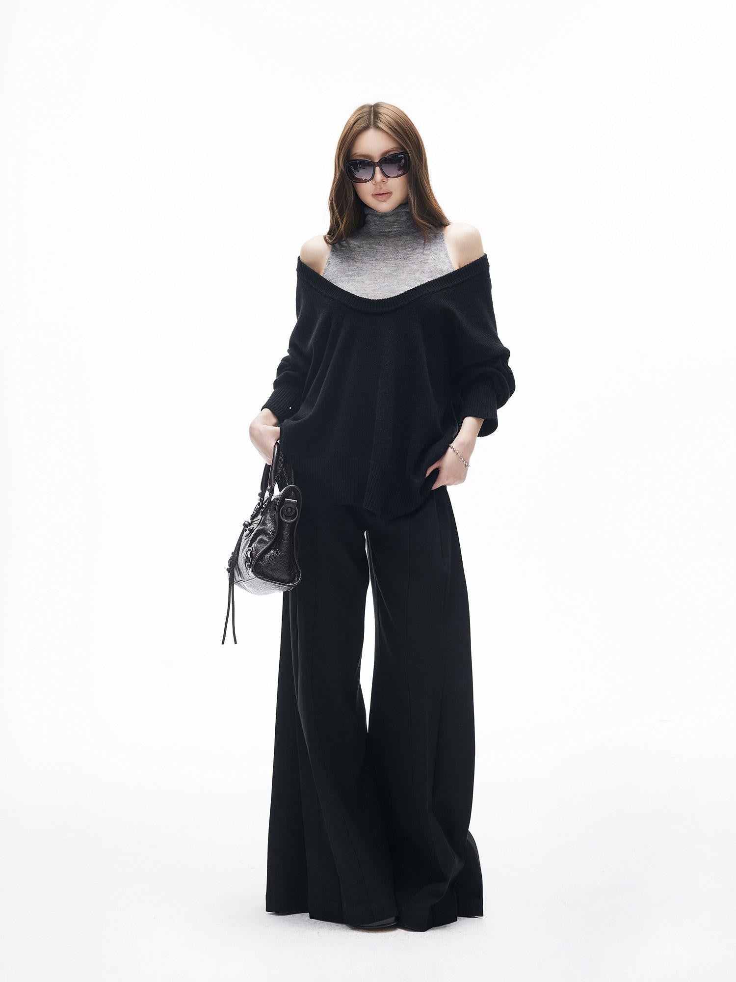 iamxiaa Black Gray Colorblock Deep V Women's Knit Stand Collar Vest Top & Skirt Sets