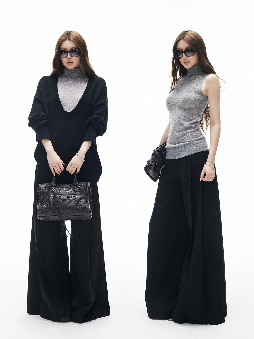 iamxiaa Black Gray Colorblock Deep V Women's Knit Stand Collar Vest Top & Skirt Sets