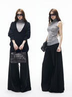 iamxiaa Black Gray Colorblock Deep V Women's Knit Stand Collar Vest Top & Skirt Sets