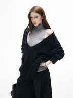 iamxiaa Black Gray Colorblock Deep V Women's Knit Stand Collar Vest Top & Skirt Sets