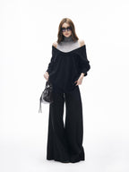 iamxiaa Black Gray Colorblock Deep V Women's Knit Stand Collar Vest Top & Skirt Sets