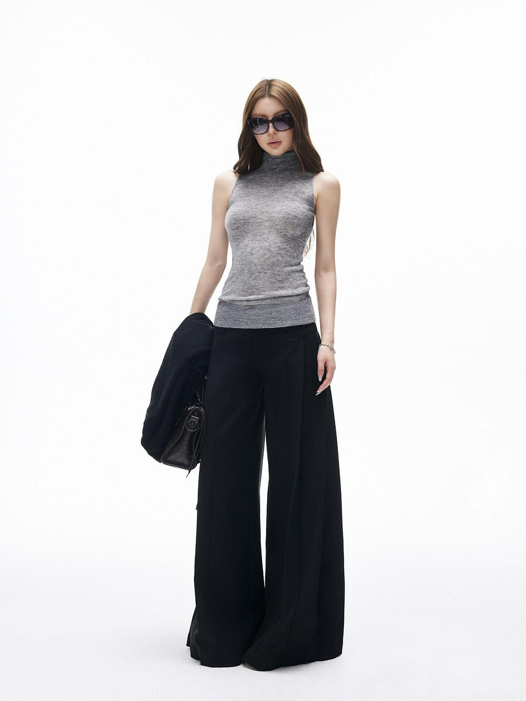 iamxiaa Black Gray Colorblock Deep V Women's Knit Stand Collar Vest Top & Skirt Sets